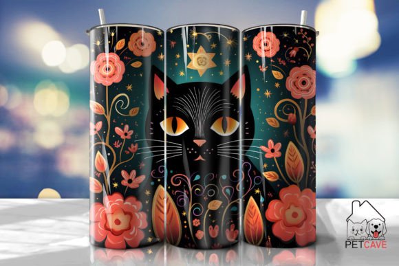 Black Cat and Flower Fox Art Tumbler
