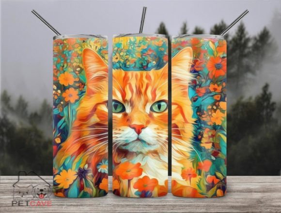 Colorful Floral Cat Tumbler PNG