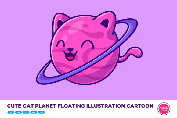 Cute Cat Planet Floating Illustration