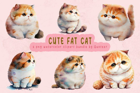 Cute Fat Cat Watercolor Clipart Bundle